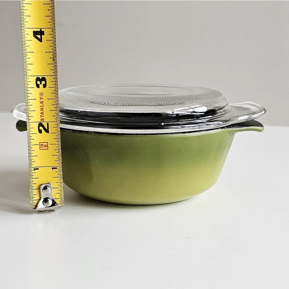 Vintage Anchor Hocking Fire-King 12 oz Olive Green Teflon Ovenware Dish w/ Glass